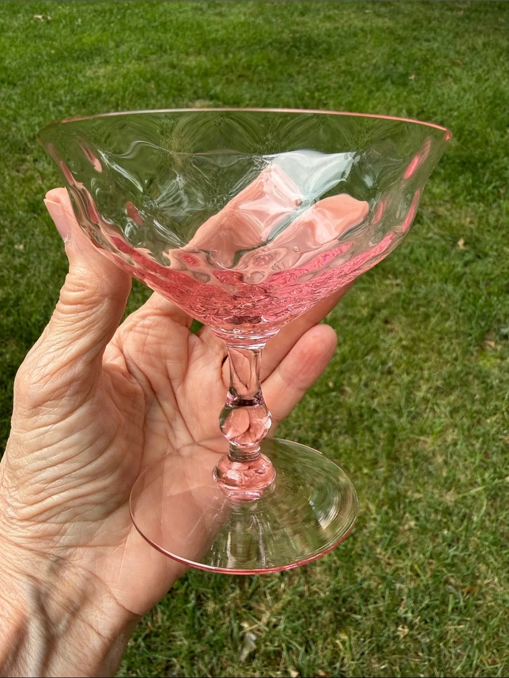 Pink Textured / Optic Depression Glass Stemmed Champagne / Sherbet Coupe